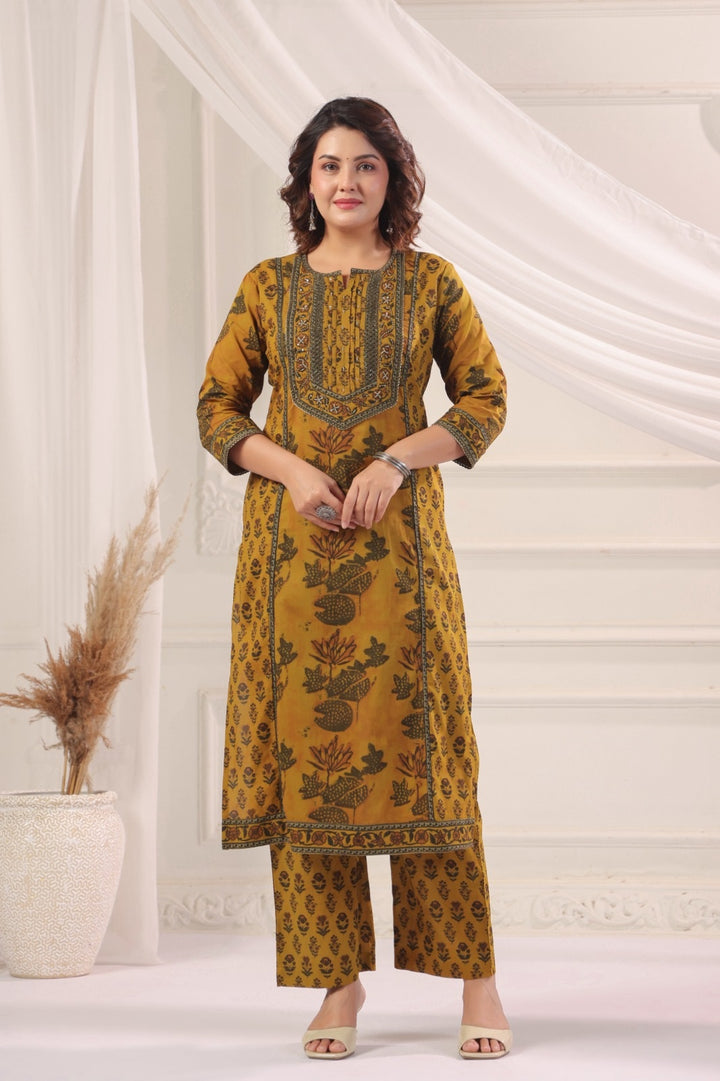 Amani Mustard Cotton Straight Suit Set For Women
