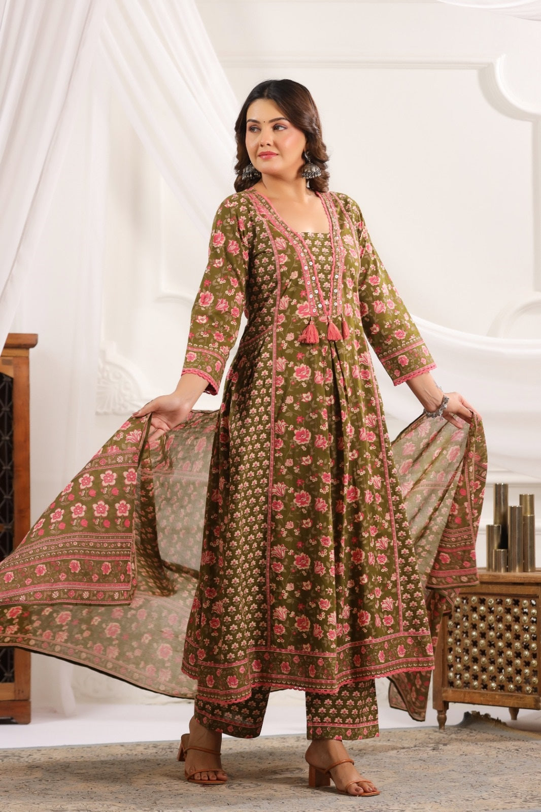 Mahika Green Cotton A Line Suit Set For Women