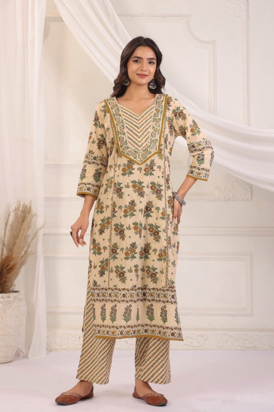 Bhoomi Beige Green Cotton Straight Suit Set For Women