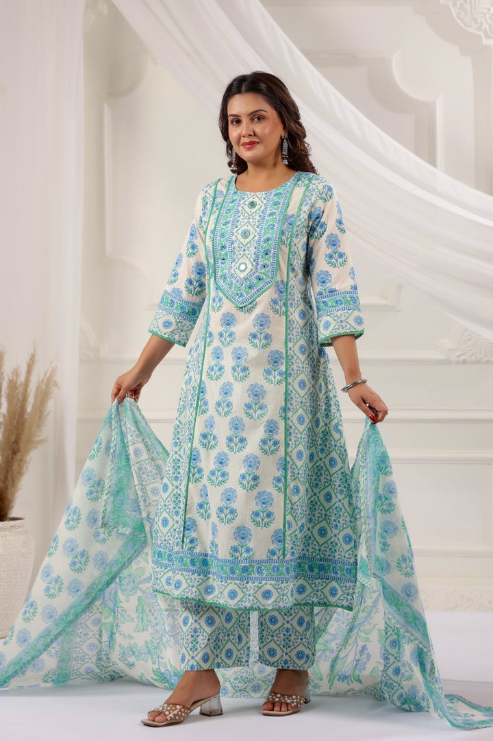 Eesha Atlantic Blue Cotton A Line Suit Set For Women