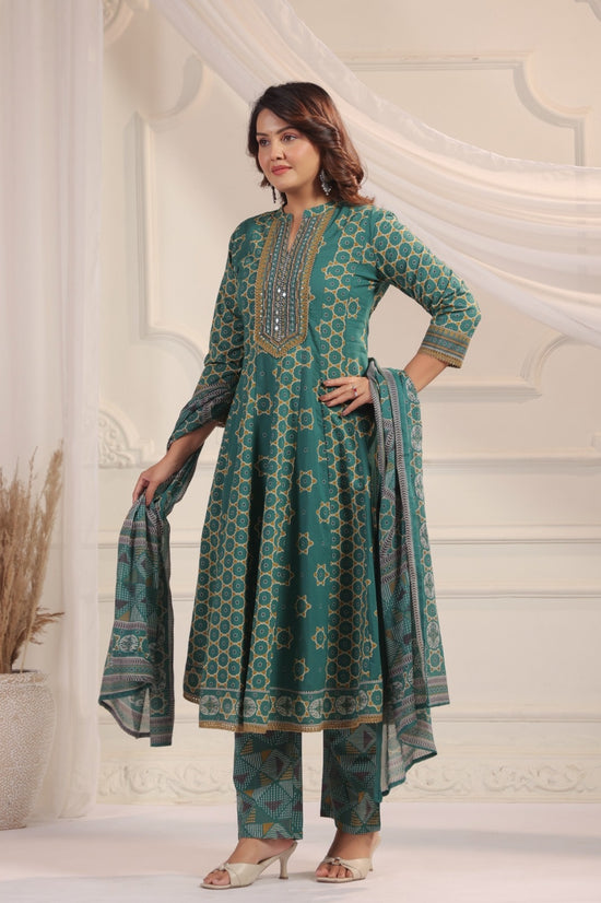 Eshana Green Premium Cotton Anarkali Set With Dupatta