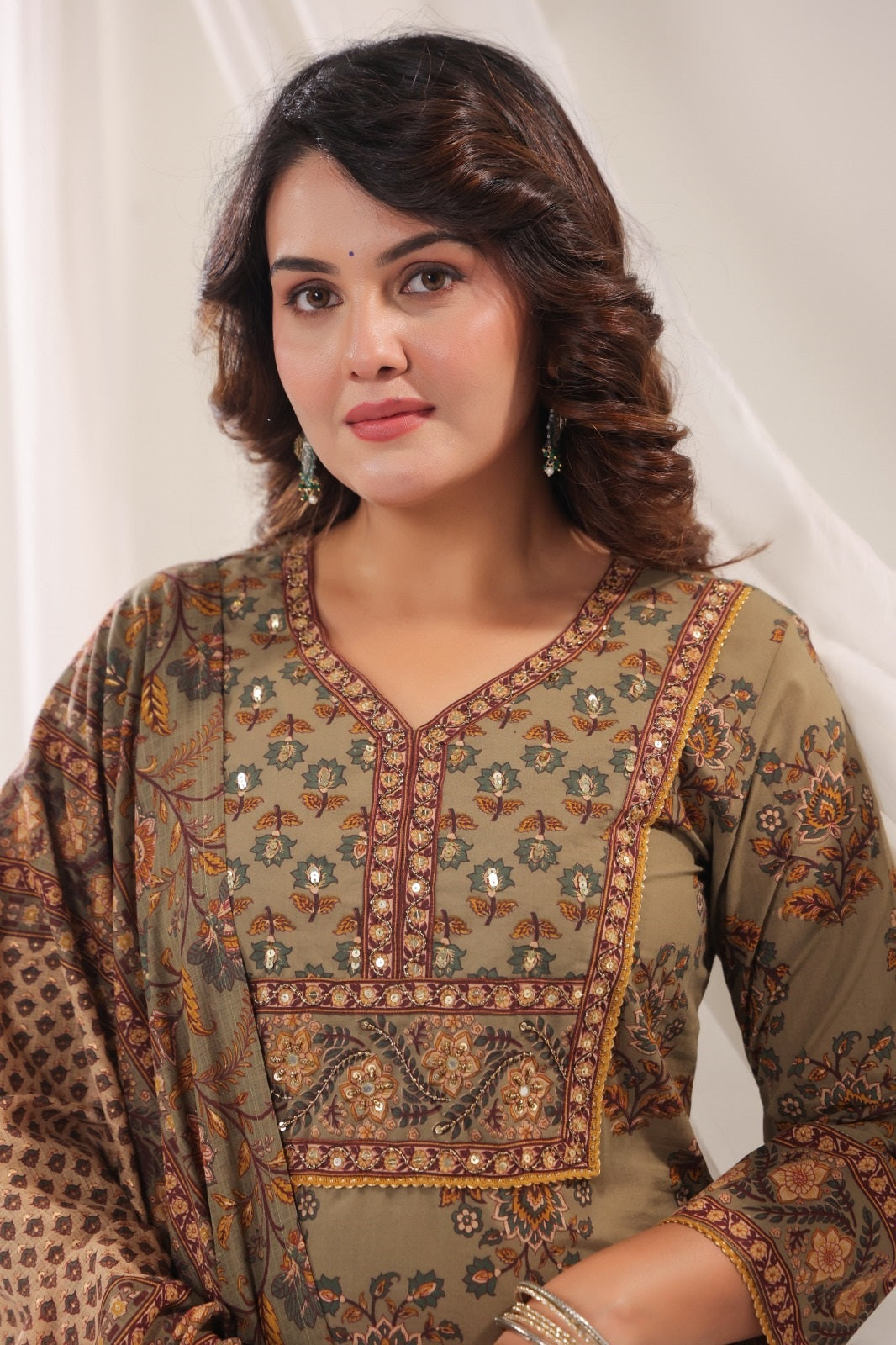 Bhanu Olive Green Cotton Straight Salwar Suit Set With Kota Doria Dupatta For Women