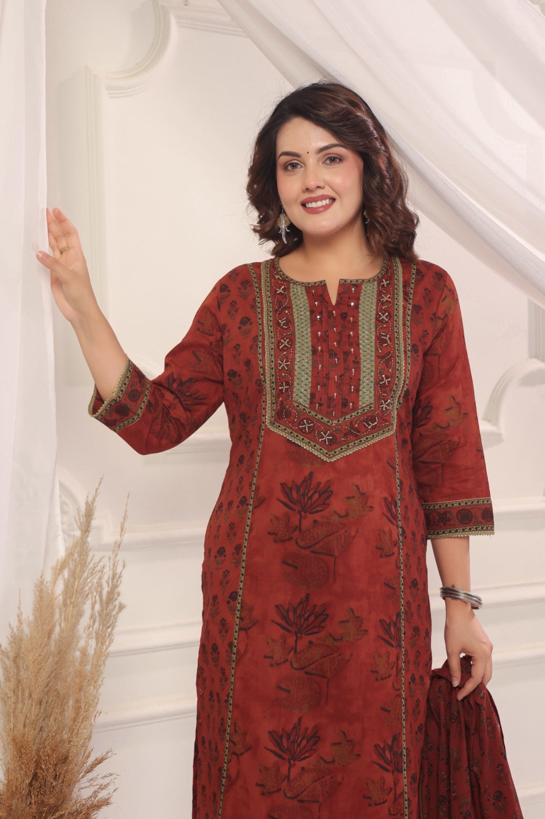 Satya Red Cotton Straight Suit Set For Women
