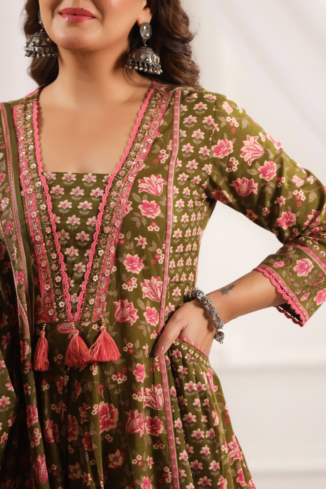 Mahika Green Cotton A Line Suit Set For Women