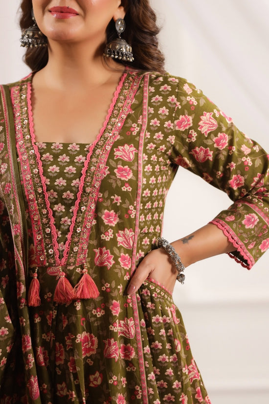 Mahika Green Cotton A Line Suit Set For Women