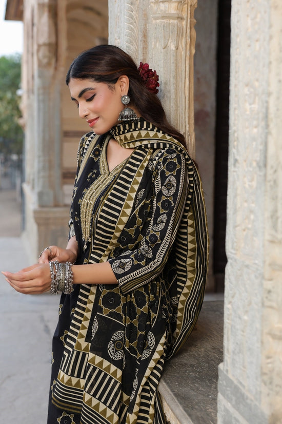 Madhavi Black  Cotton A Line Suit Set For Women