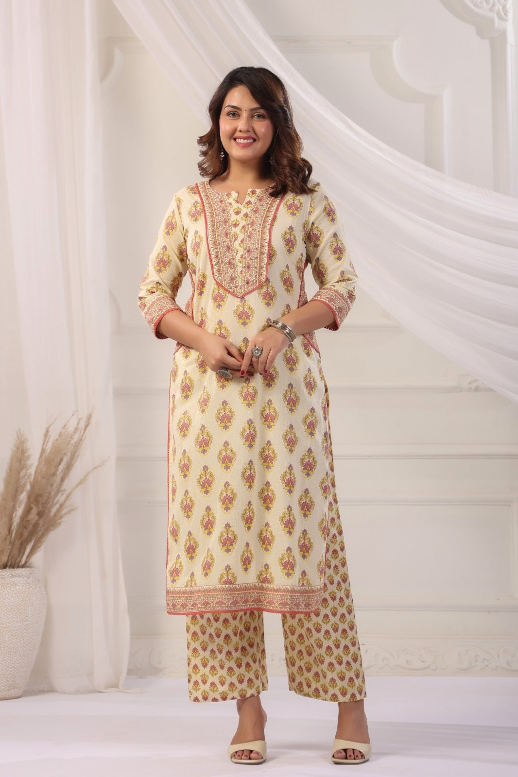 Arya Yellow Cotton Straight Suit Set For Women