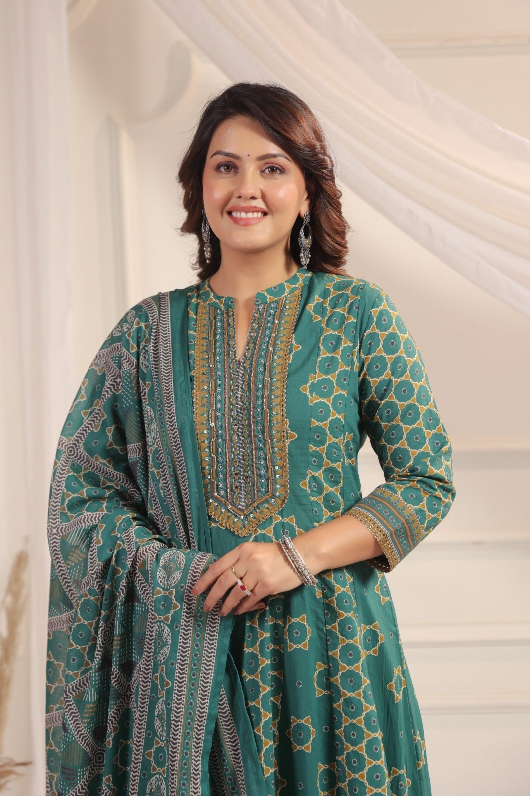 Eshana Green Premium Cotton Anarkali Set With Dupatta