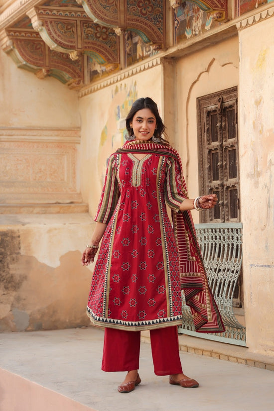 Akshita Red Cotton A Line Suit Set For Women