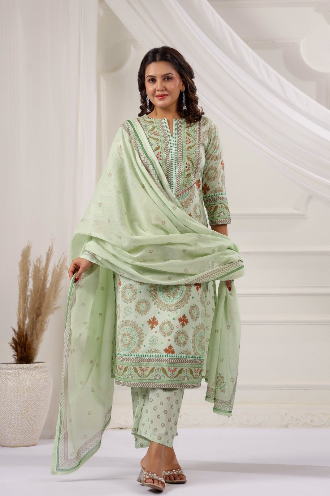 Bandita Pista Green Cotton Straight Suit Set For Women