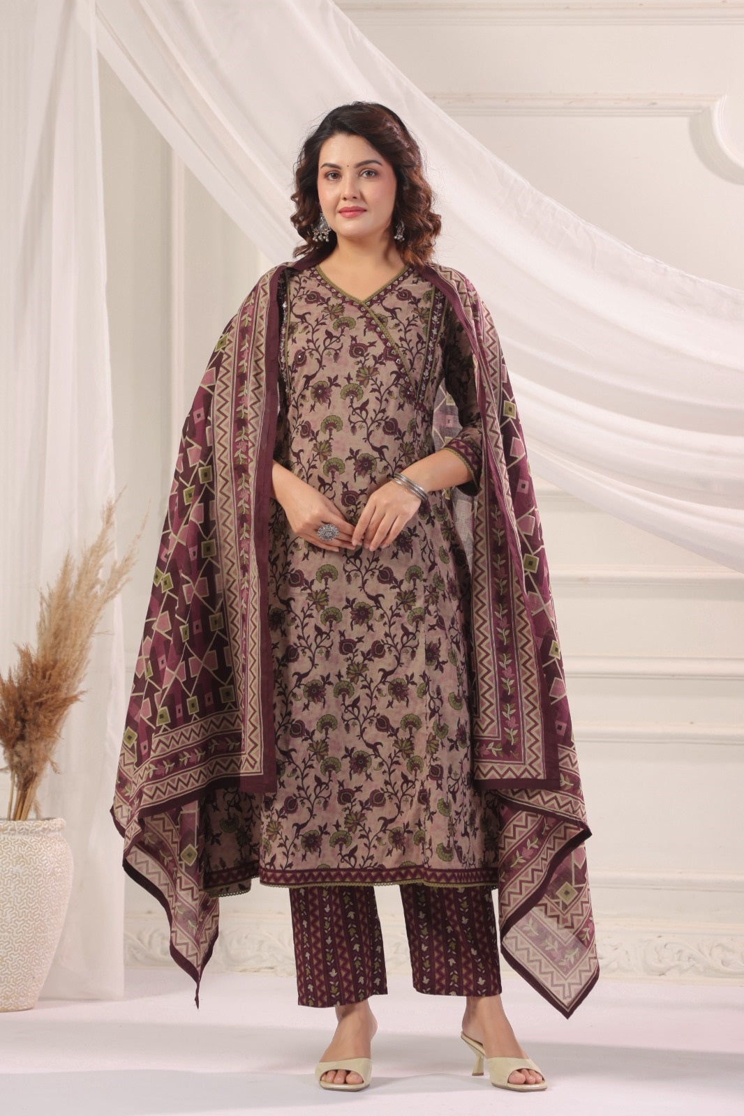 Madhavi Wine  Cotton A Line Suit Set For Women