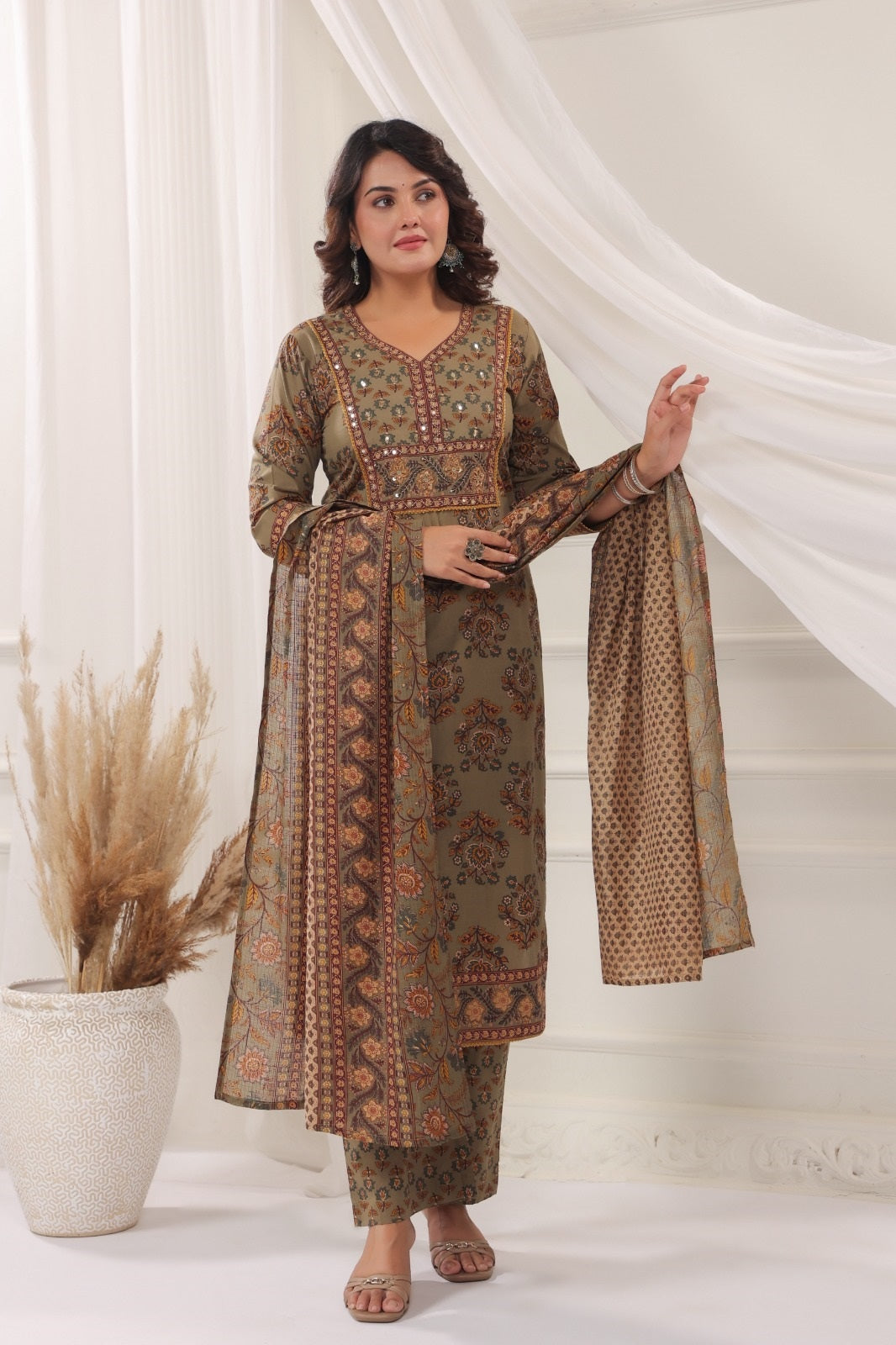 Bhanu Olive Green Cotton Straight Salwar Suit Set With Kota Doria Dupatta For Women