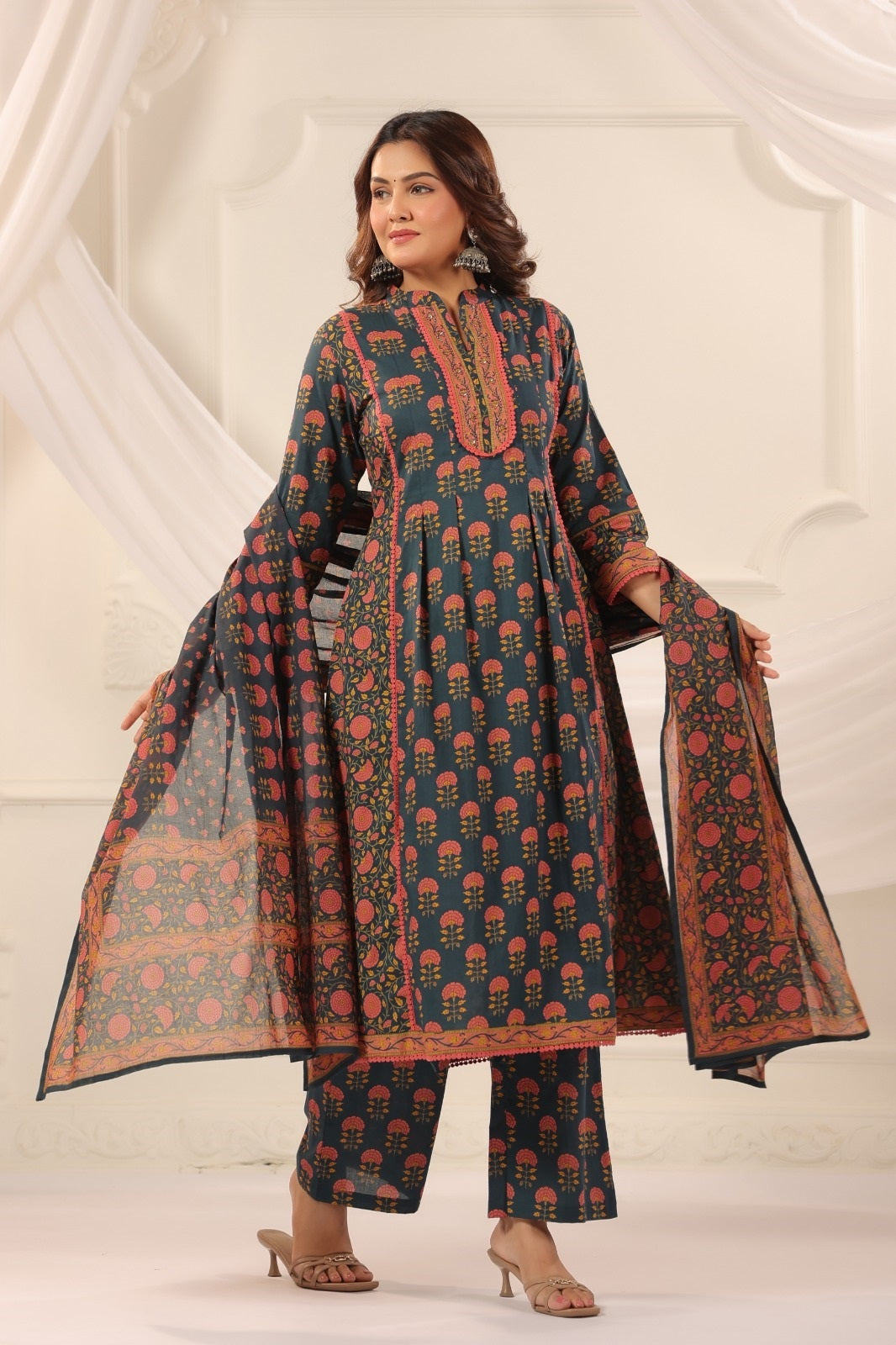 Suru Teal Blue Cotton A Line Suit Set
