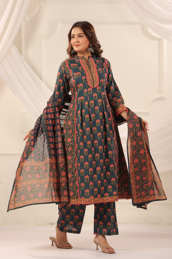 Suru Teal Blue Cotton A Line Suit Set