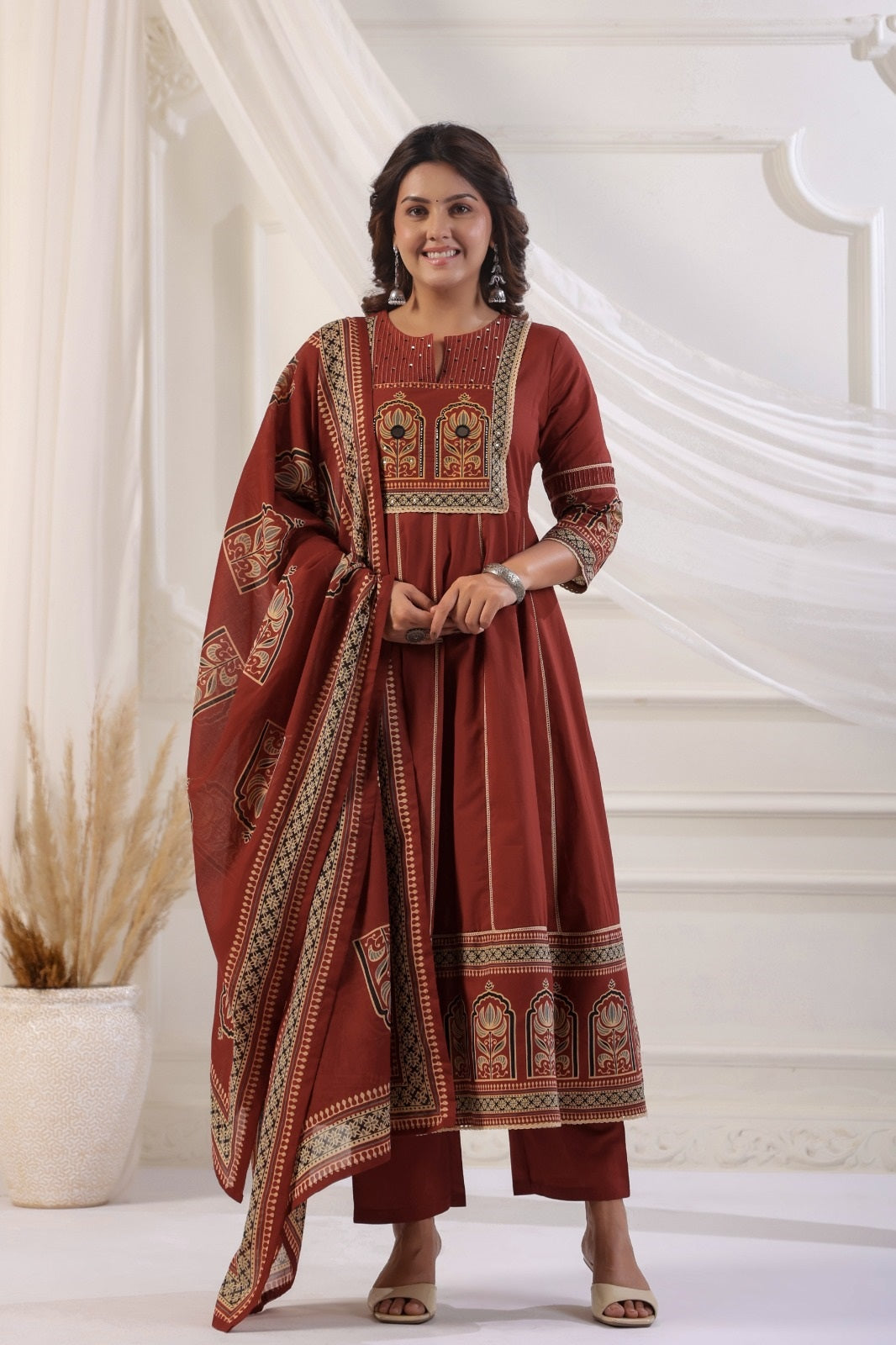 Rukmini Rust Red Cotton Anarkali Suit Set For Women