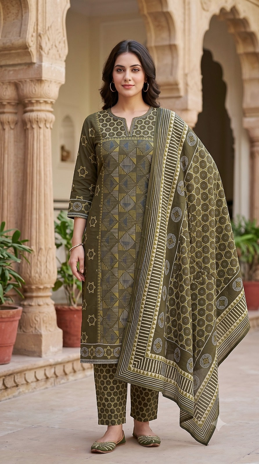 Sanika Green Premium Cotton Straight Salwar Suit Set For Women