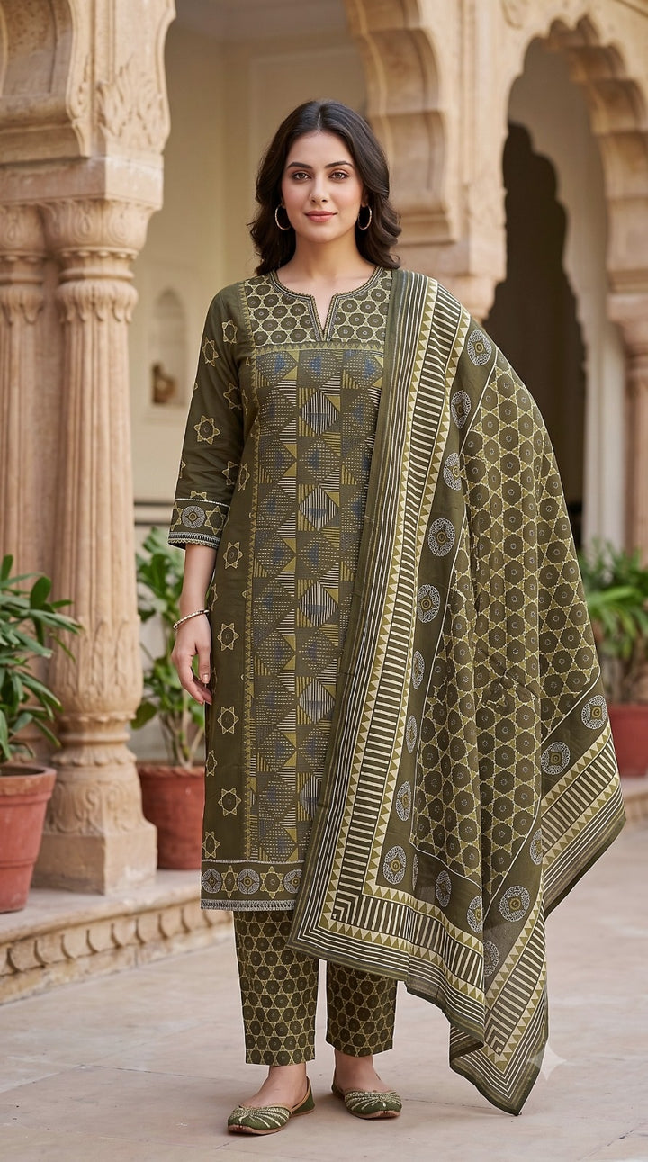 Sanika Green Premium Cotton Straight Salwar Suit Set For Women