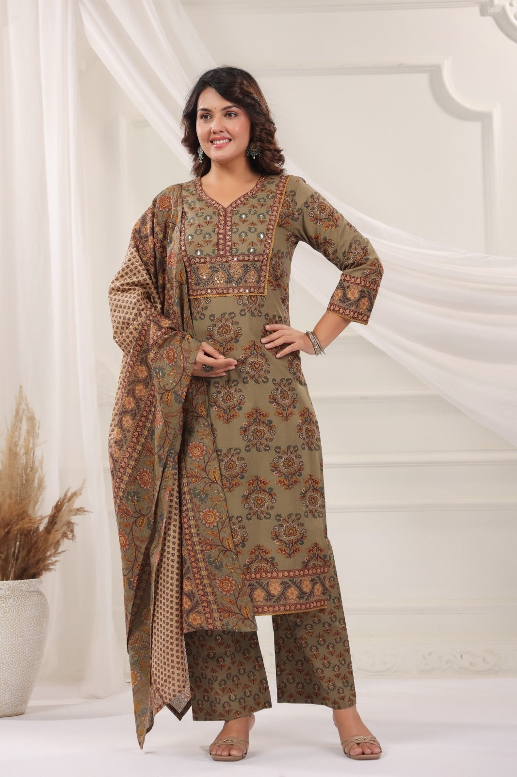 Bhanu Olive Green Cotton Straight Salwar Suit Set With Kota Doria Dupatta For Women