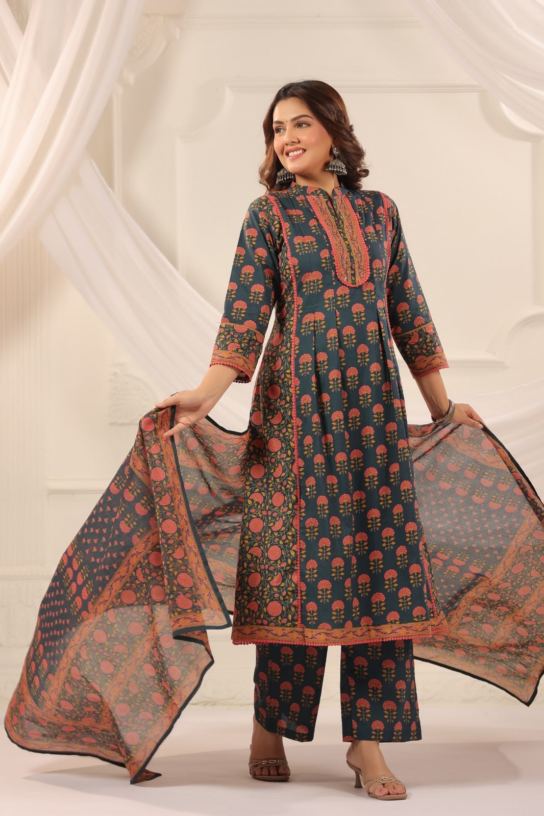Suru Teal Blue Cotton A Line Suit Set