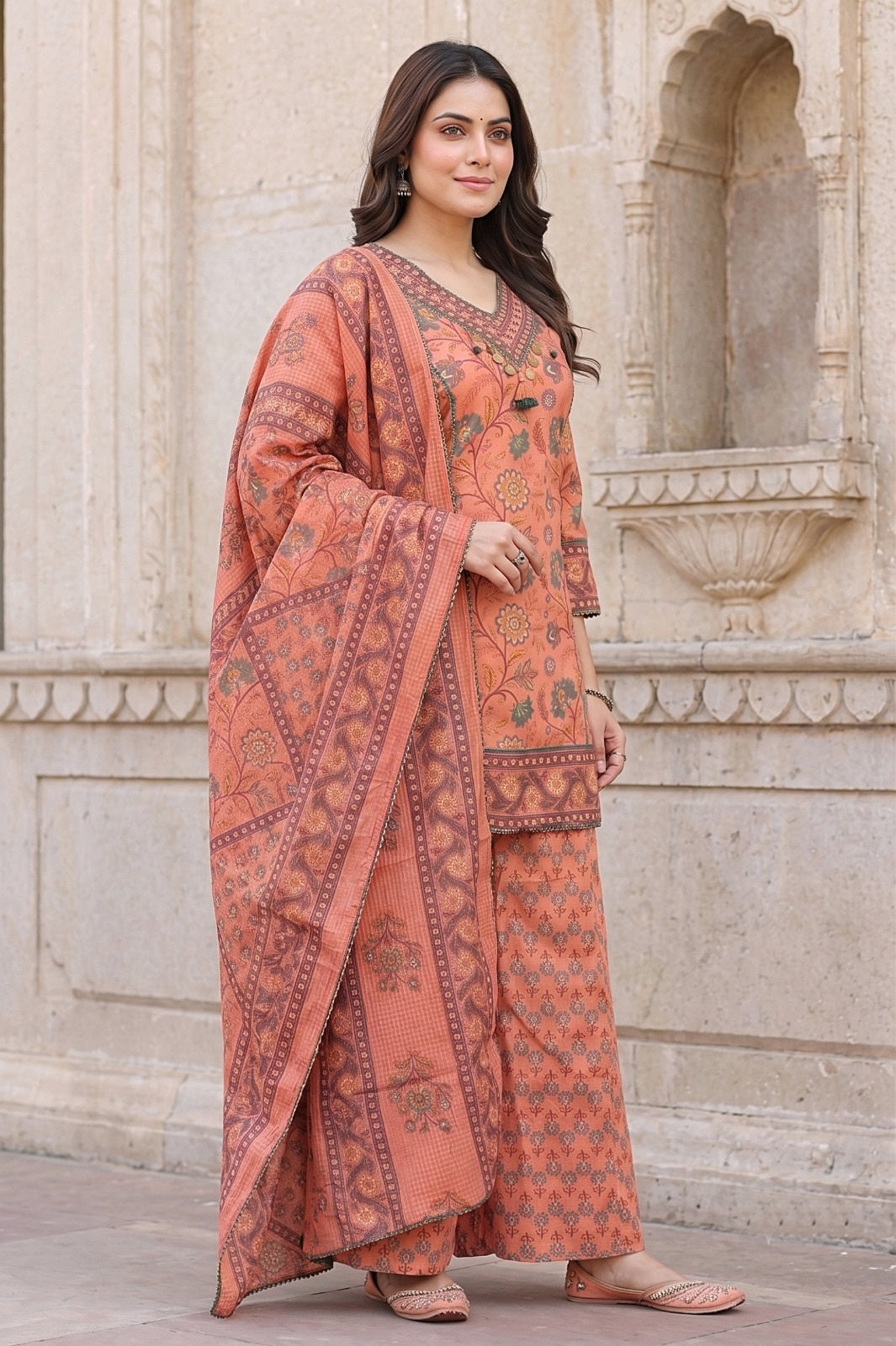 Keerthi Peach Cotton Farshi Salwar Suit Set