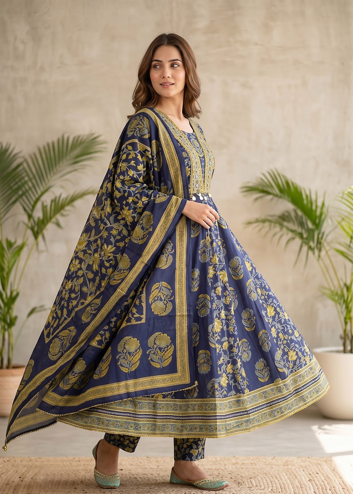 Dhara Blue Cotton Anarkali Suit Set