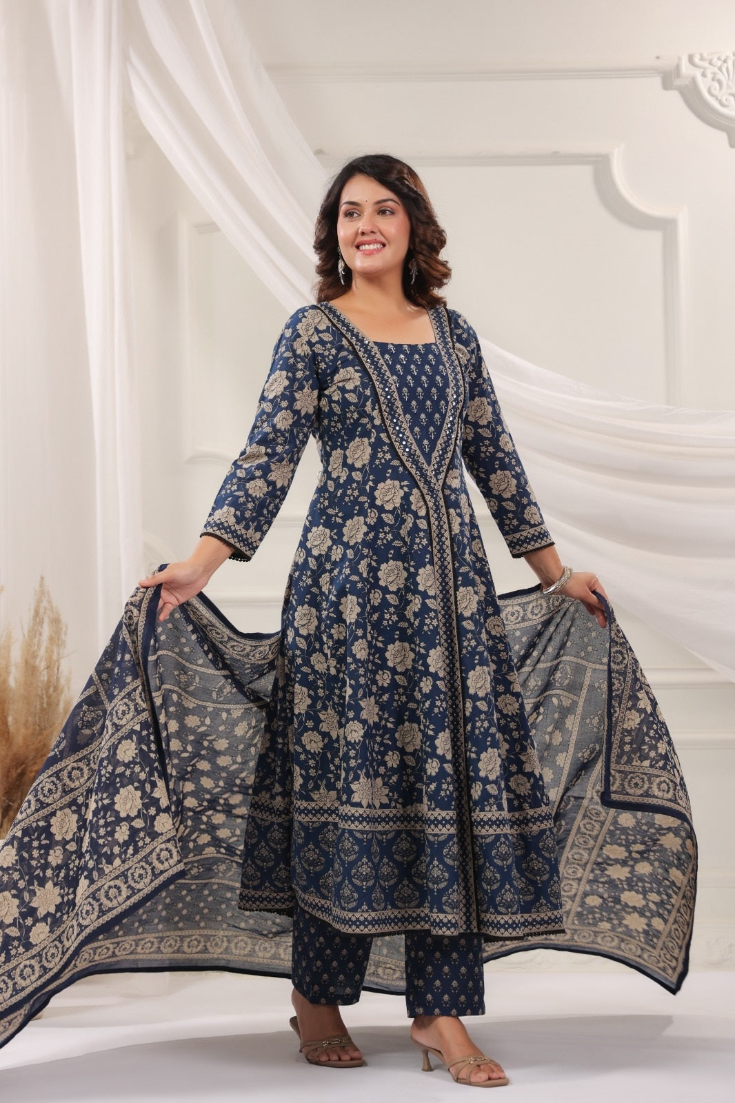 Seema Navy Blue Cotton Anarkali Suit Set