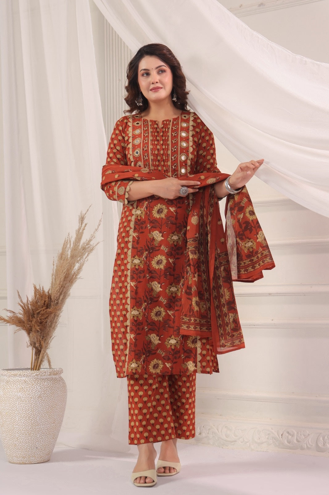 Satya Rust Cotton Straight Suit Set For Women