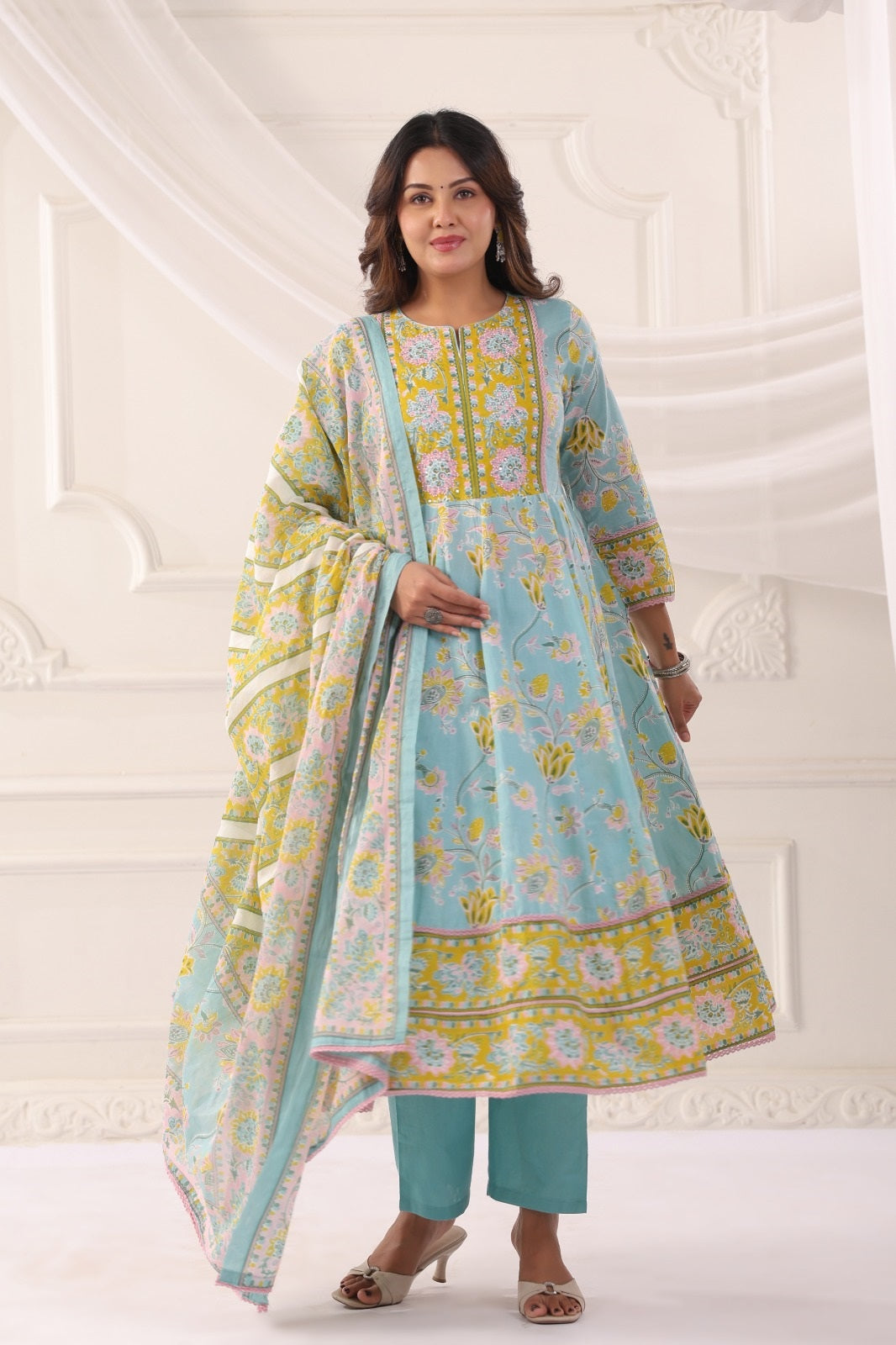 Ayana Aqua Blue Cotton Anarkali Suit Set For Women