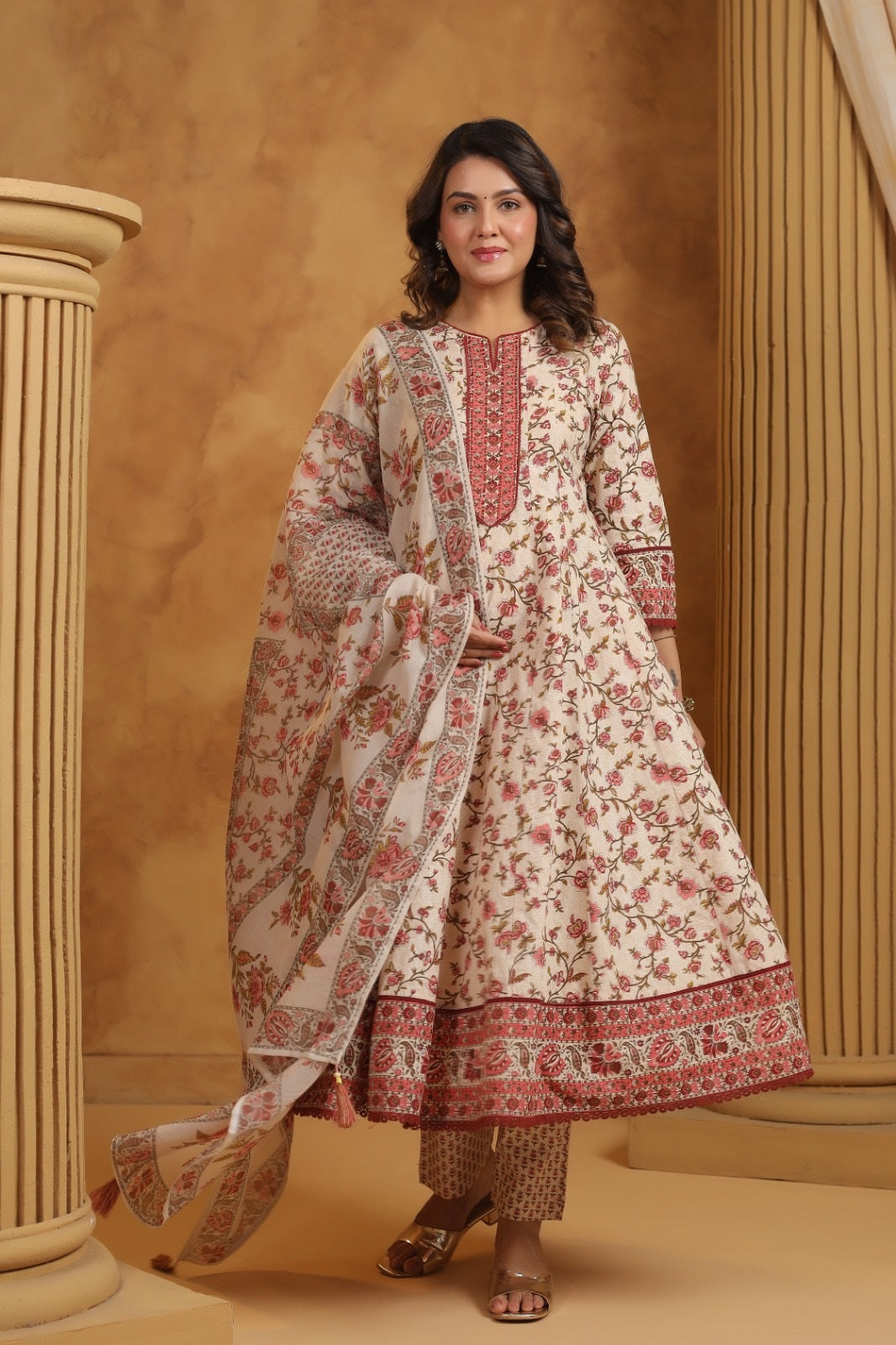 Gulnoor Maroon Cotton Anarkali Suit Set