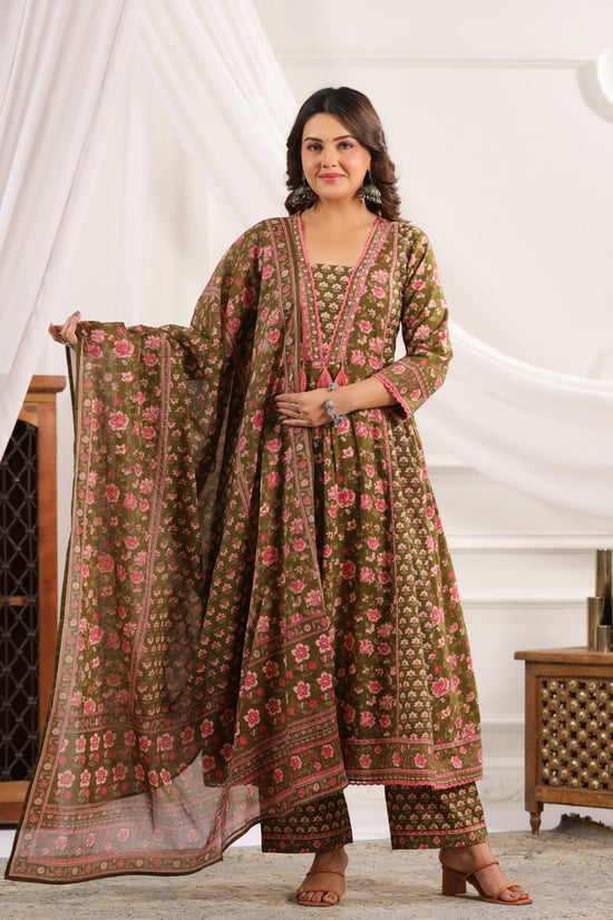 Mahika Green Cotton A Line Suit Set For Women