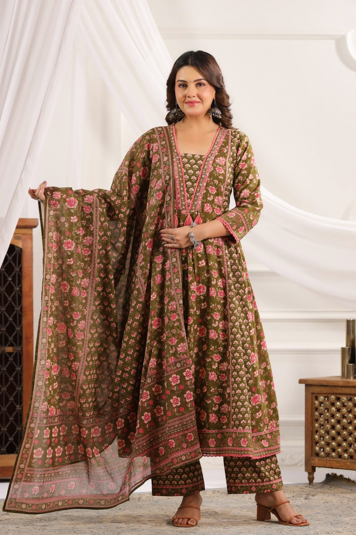 Mahika Green Cotton A Line Suit Set For Women