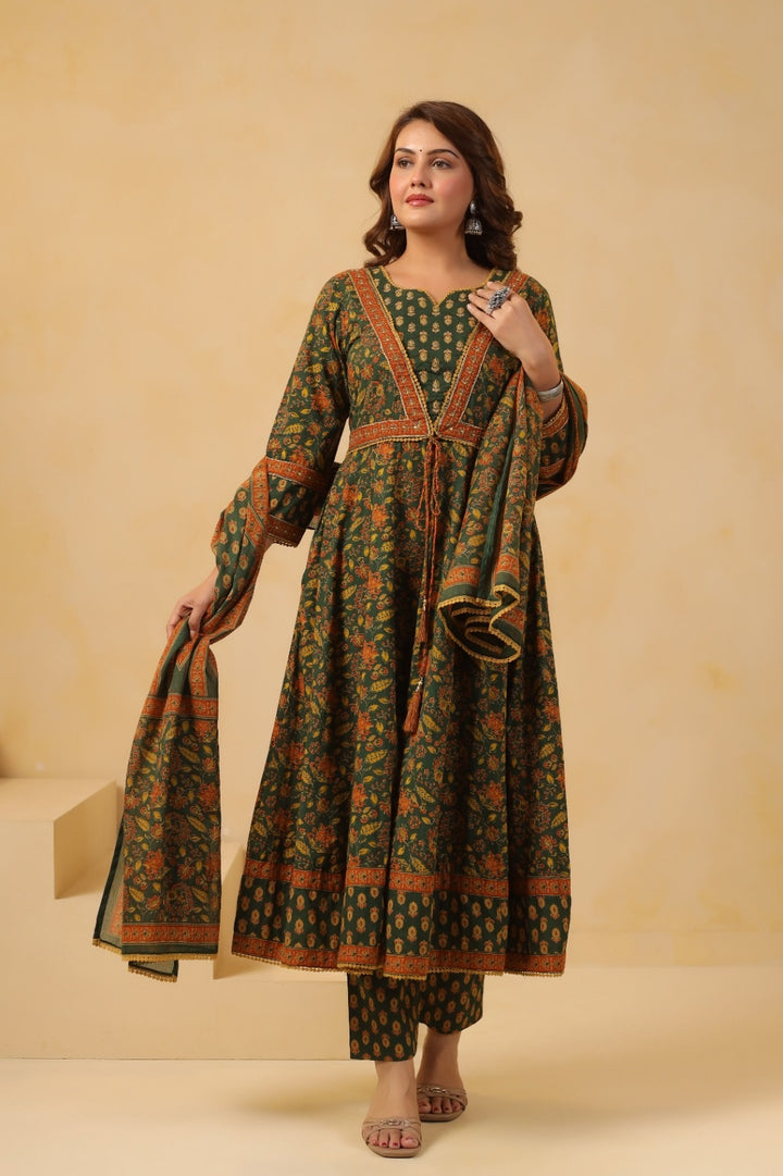 Zohra Green Premium Cotton Anarkali Suit Set