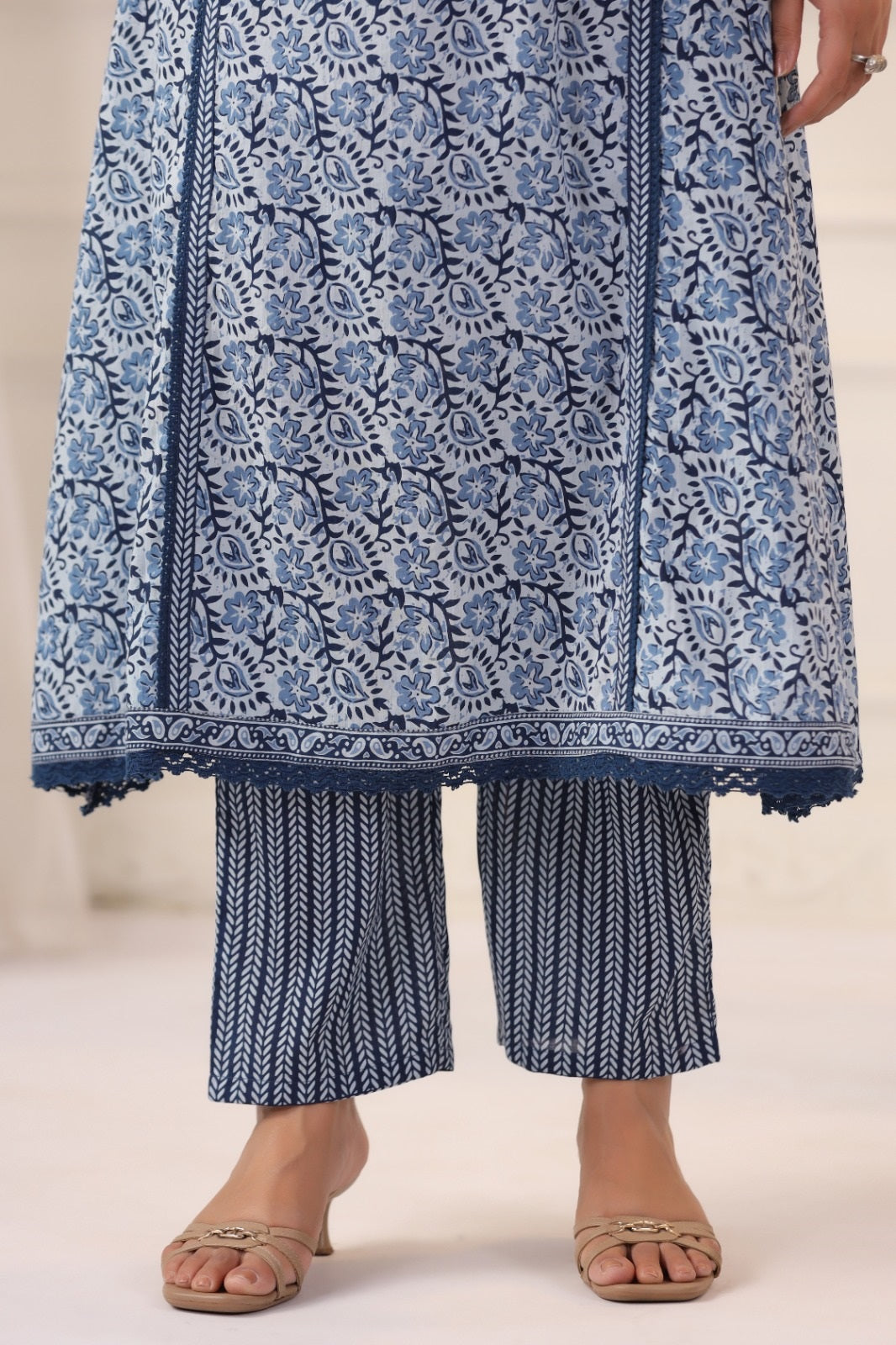 Maya Indigo Blue Cotton A Line Suit Set For Women
