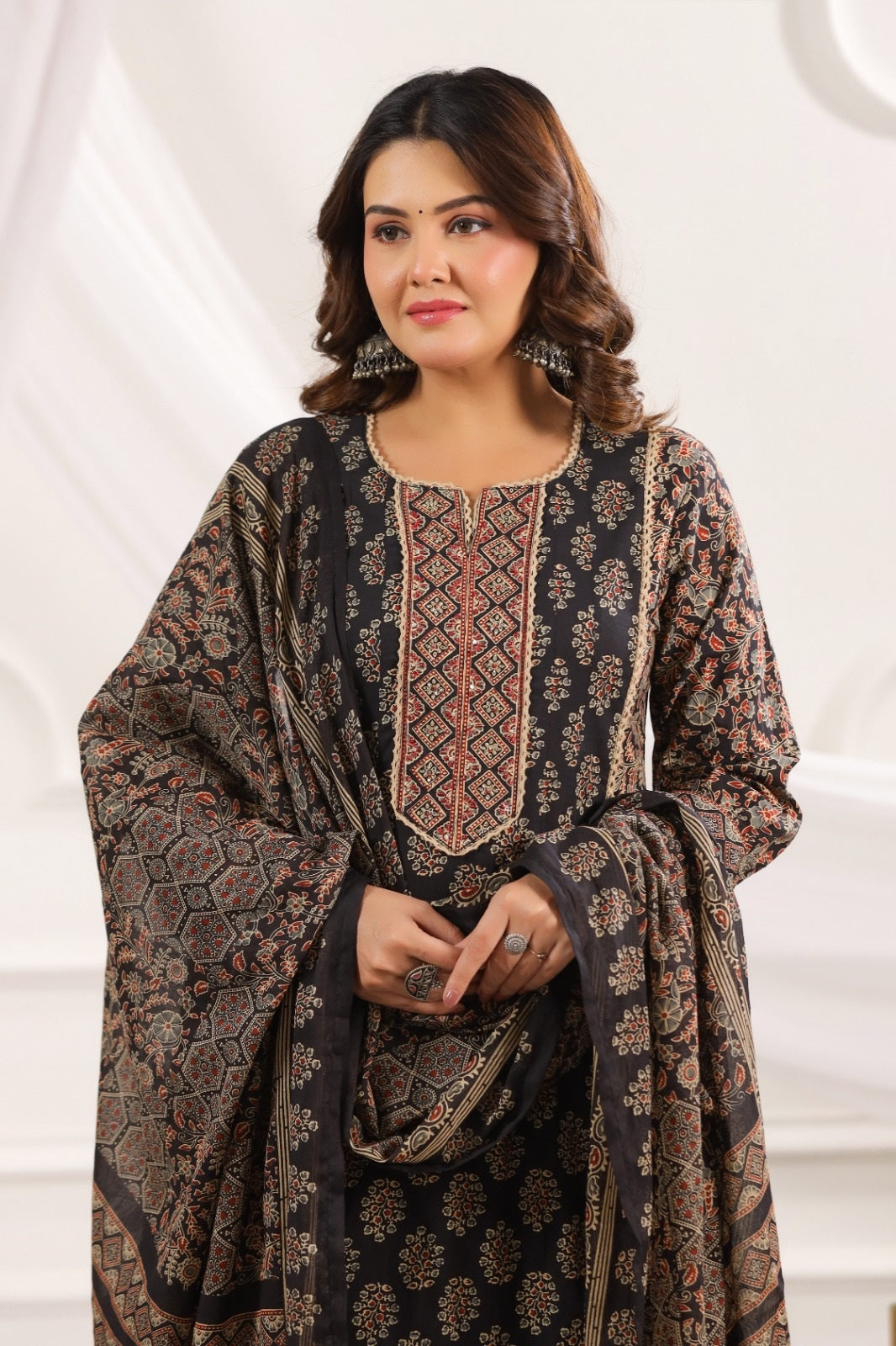 Indira Black Cotton A Line Suit Set