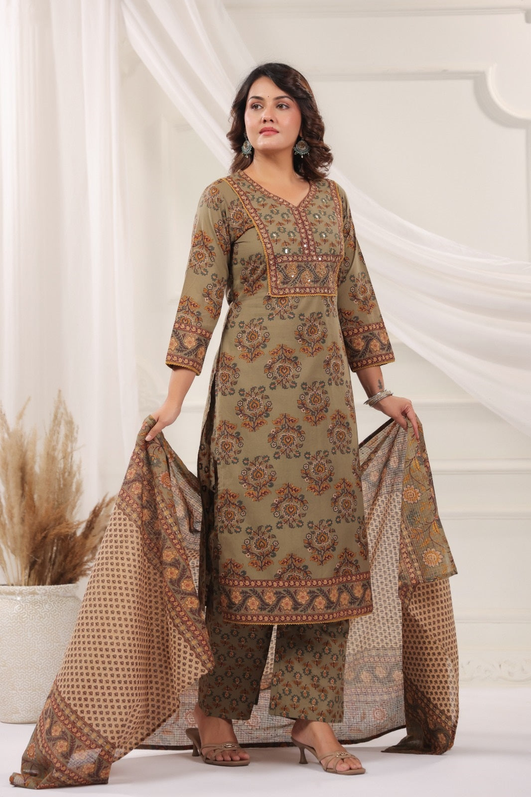 Bhanu Olive Green Cotton Straight Salwar Suit Set With Kota Doria Dupatta For Women