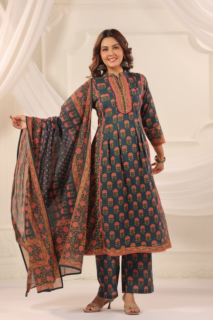 Suru Teal Blue Cotton A Line Suit Set