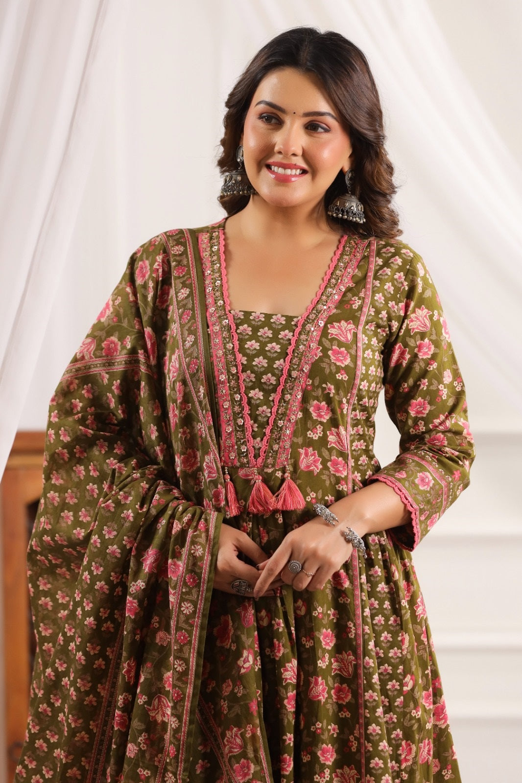 Mahika Green Cotton A Line Suit Set For Women