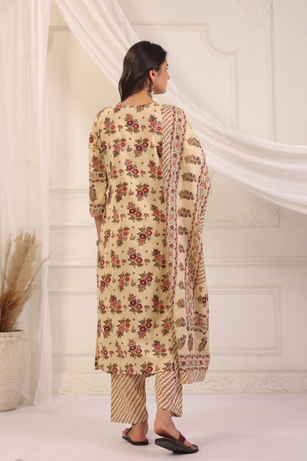 Gauri Beige Maroon Cotton Straight Suit Set For Women