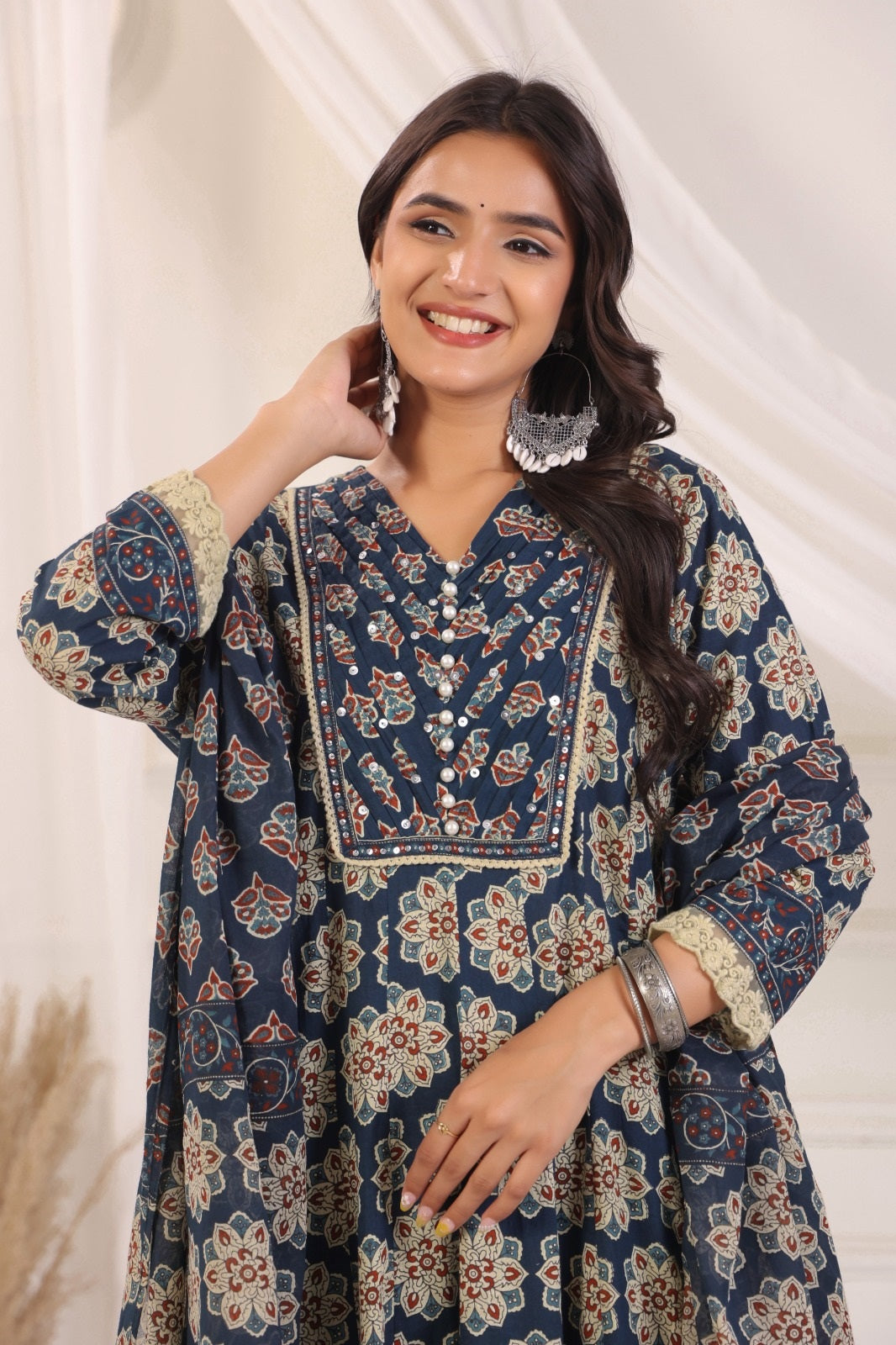 Akshara Blue Cotton Anarkali Suit Set For Women