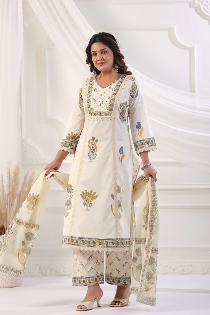 Mira Ivory Cotton Straight Suit Set For Women
