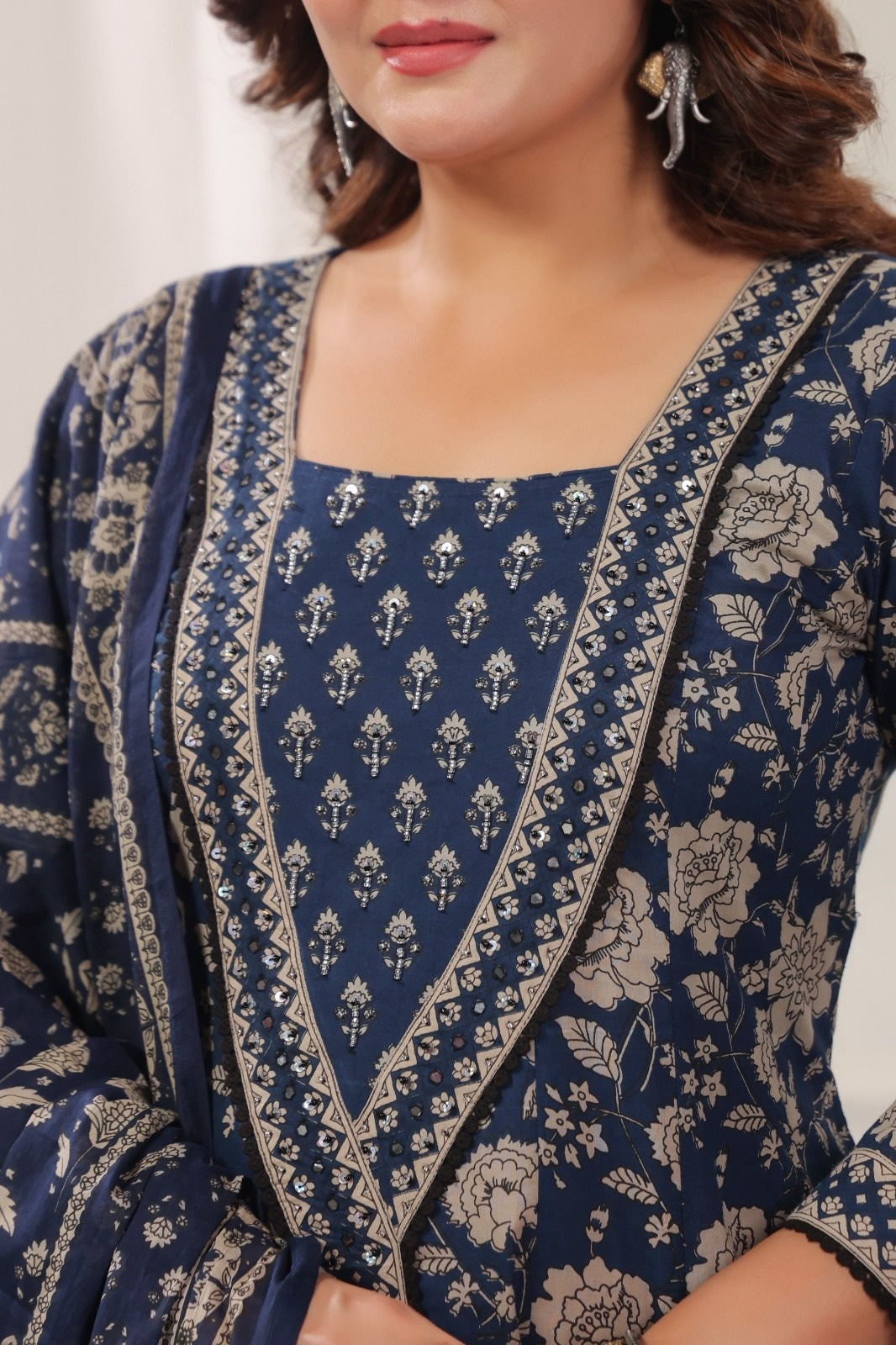 Seema Navy Blue Cotton Anarkali Suit Set