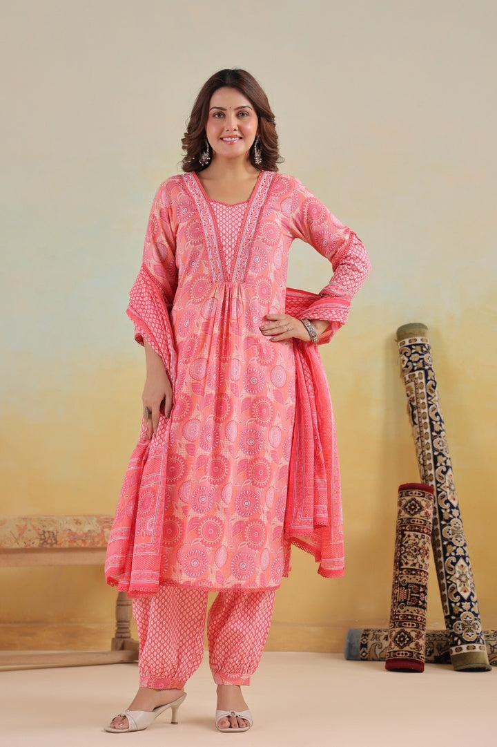Gulnaar Pink Cotton A Line Suit Set