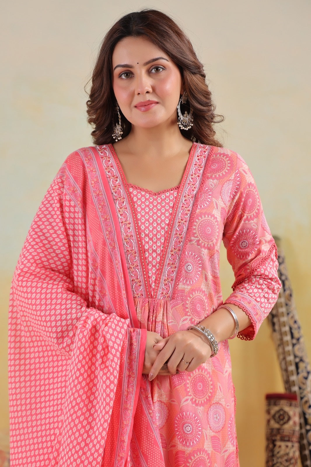 Gulnaar Pink Cotton A Line Suit Set