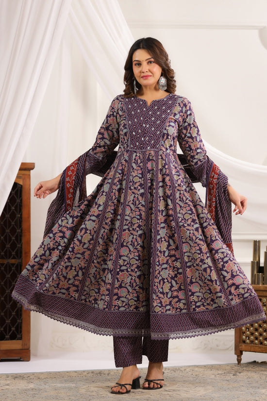 Saanvi Violet Cotton Anarkali Suit Set For Women