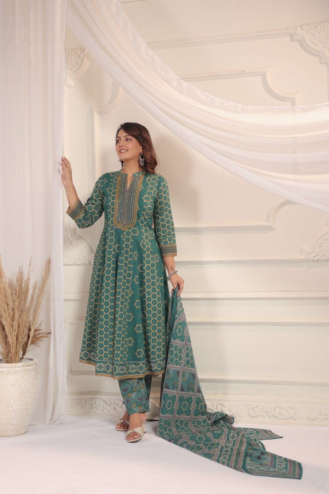Eshana Green Premium Cotton Anarkali Set With Dupatta
