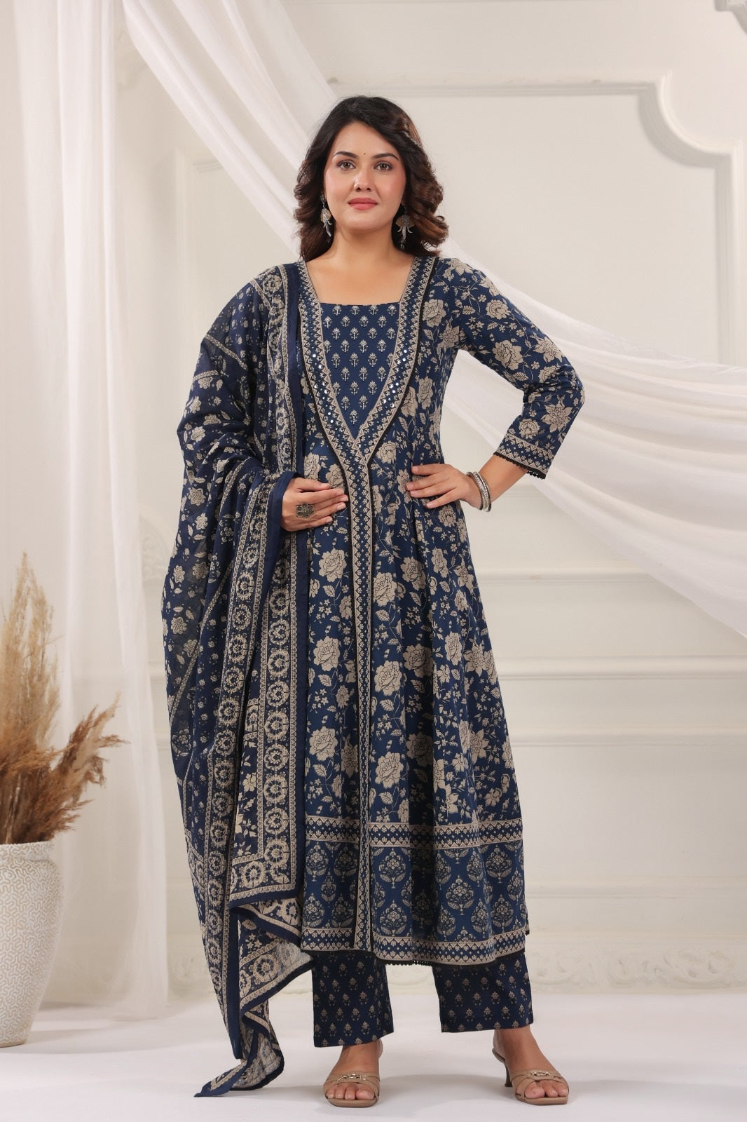 Seema Navy Blue Cotton Anarkali Suit Set