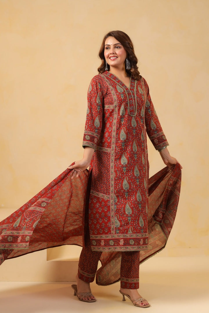 Bhagya Maroon Cotton Suit Set For Women
