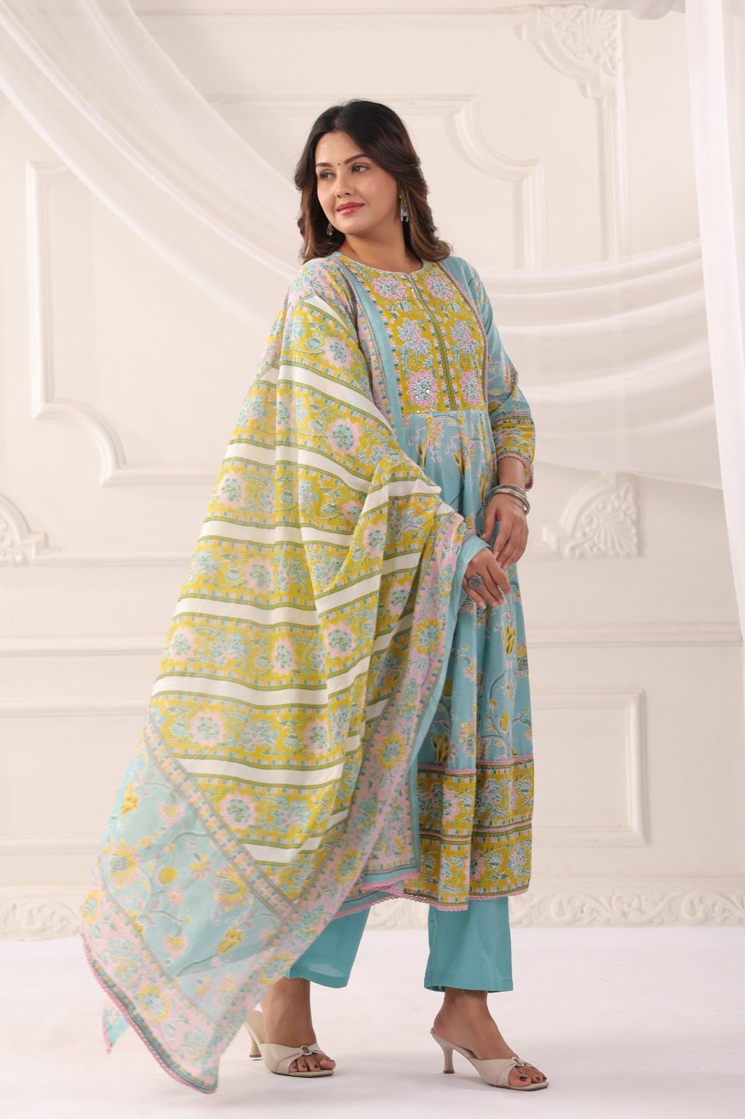 Ayana Aqua Blue Cotton Anarkali Suit Set For Women