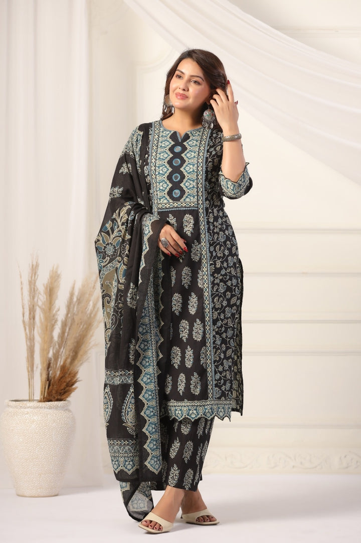 Charu Black Cotton Straight Suit Set For Women