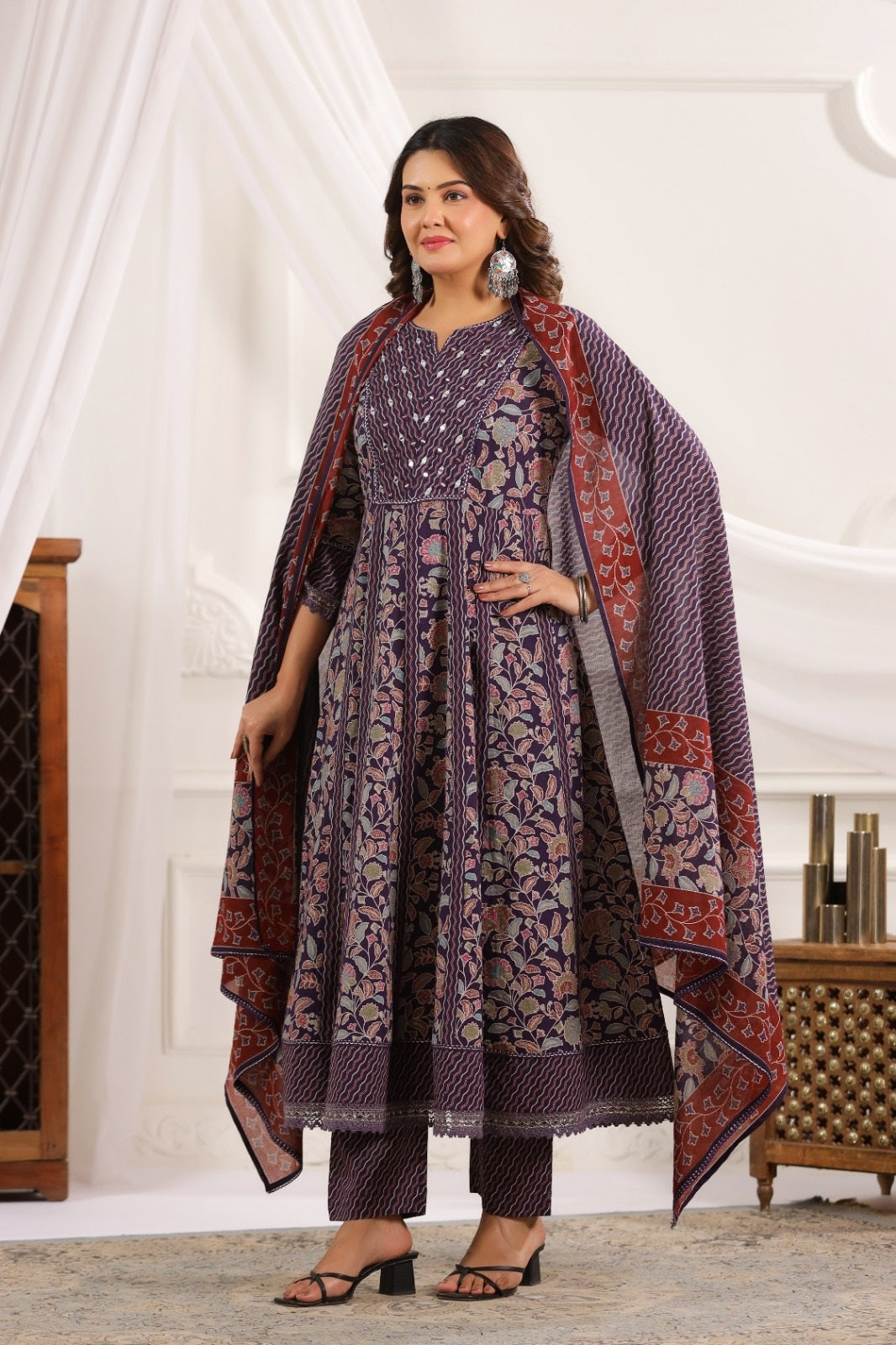 Saanvi Violet Cotton Anarkali Suit Set For Women